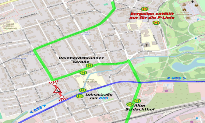 Sperrung Gotha Mairichstraße - Bedienung der Reinhardsbrunner Str. Montag - Freitag ab 08.08.26