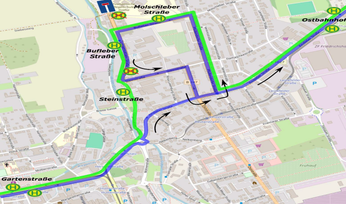 Stadtbuslinie E - Linienverlauf Gotha Innenstadt - Berufsschulzentrum