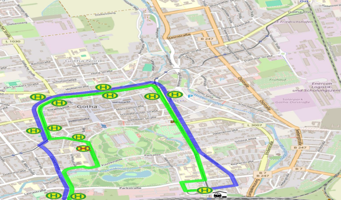 Stadtbuslinie F - Linienverlauf Uelleben - Gotha Hauptbahnhof