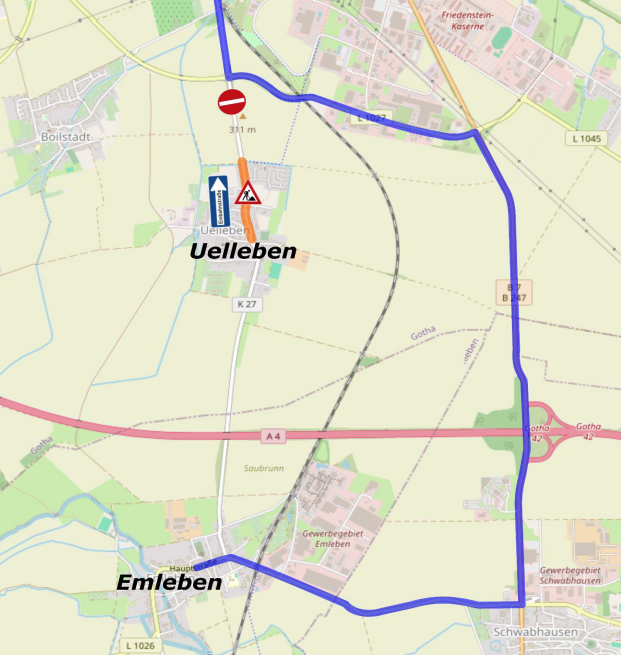 Umleitung Gotha über Emleben nach Uelleben E.-Thälmann-Str. vom 06.07.26 bis 10.07.26